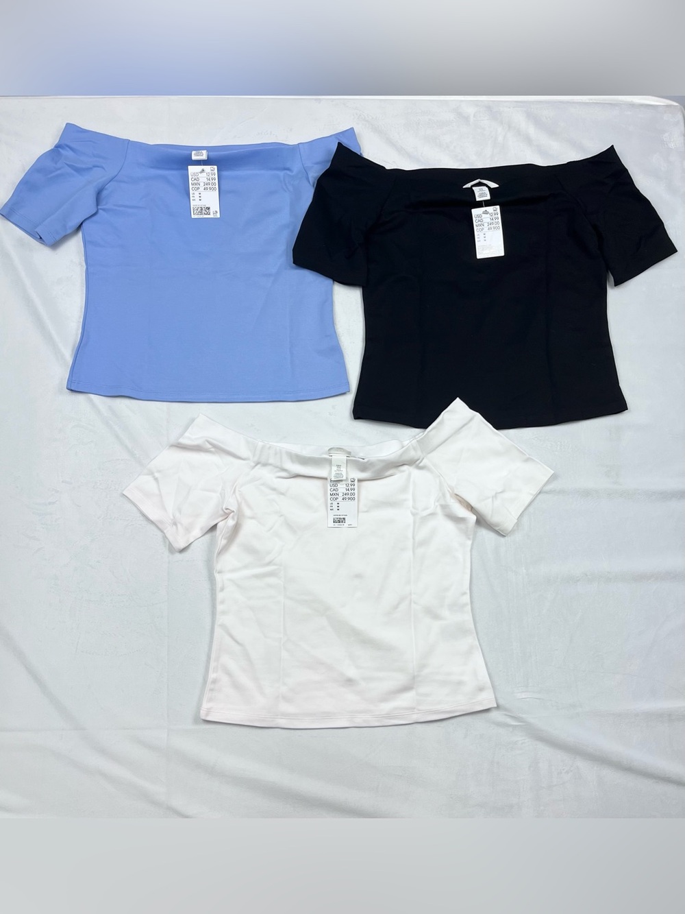H&M NWT Off-the-Shoulder Stretch Tops Bundle 3-Pack Black White Blue Size Medium
